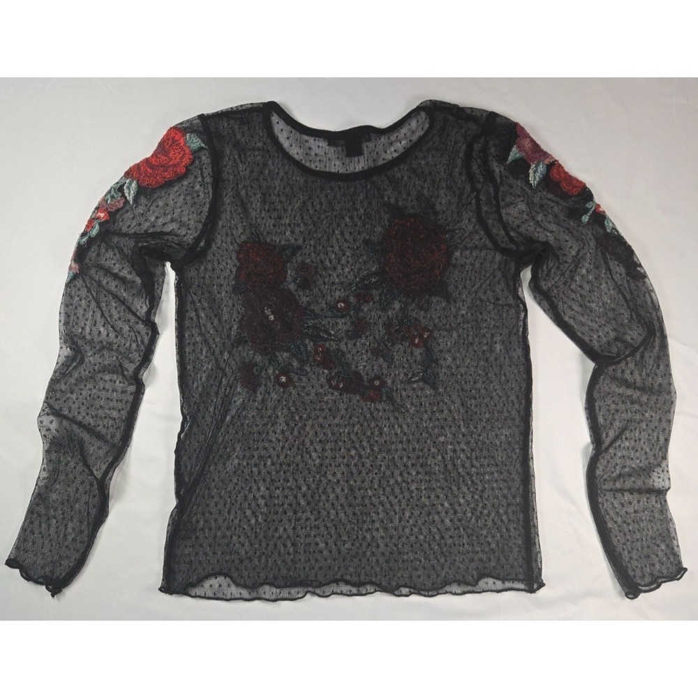 Sheer Mesh Embroidered Floral Rose Top Sz S Whimsigoth Fairy Grunge Y2K Goth - Picture 7 of 11